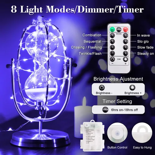 Miniatura 3 de Paquete de 2 luces LED negras de 16.4 pies, 50 luces LED de hadas UV, funciona con pilas con control remoto y temporizador, 8 modos de luces UV
