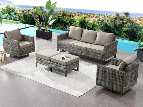 Miniatura 5 de HUMMUH Juego de 2 sillas giratorias para patio, mimbre de polietileno, para exteriores, bistró, porche, balcón, muebles con cojines Gris/gris