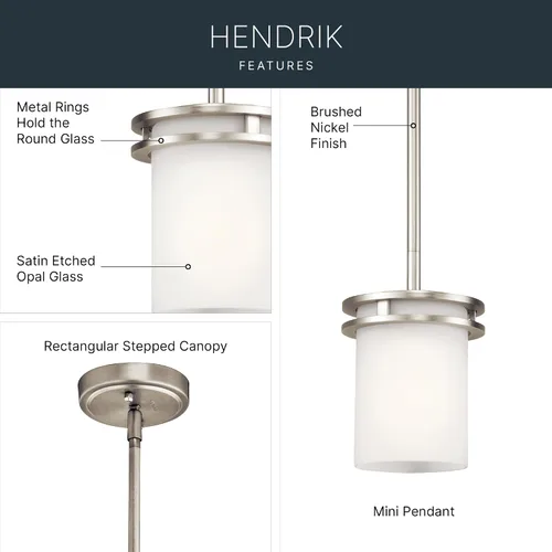 Miniatura 3 de Kichler Hendrik - Mini lámpara colgante de 1 luz con cristal de ópalo grabado satinado en níquel cepillado para cocina, isla y comedor