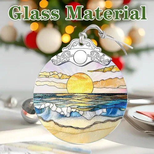 Miniatura 4 de Adorno de Vidrio Manchado de Puesta de Sol en la Playa, Adorno Navideño – Decoración de Árbol de Navidad, Decoración Festiva, Relleno de Calceti