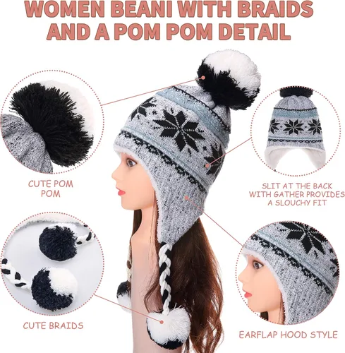 Miniatura 2 de Gorro invernal Dosoni para mujer, de punto, con orejeras, suave, cálido y acogedor, diseño de copos de nieve