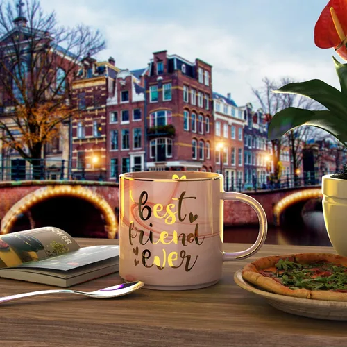 Miniatura 7 de Regalos para mejores amigas para mujeres, taza de café de mármol de cerámica rosa de 11.5 onzas con llavero - BFF Friend Ever - Regalos divertidos