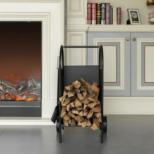 Miniatura 3 de Carrito de leña para patio interior y exterior, con ruedas y juego de herramientas para chimenea, color negro