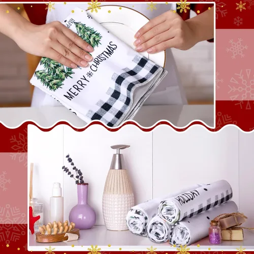 Miniatura 5 de Preboun Juego de 4 Toallas de Cocina Navideñas de 17x26'' a Cuadros Buffalo Absorbentes, Toalla de Platos Navideña con Diseños de Árbol de Navidad