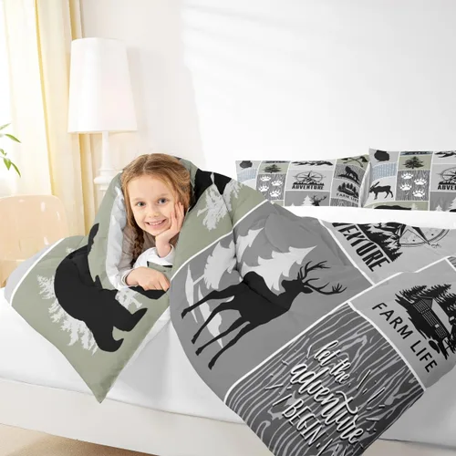 Miniatura 6 de Juego de edredón rústico de cabaña granja para niños, tamaño twin, juego de ropa de cama de aventura de caza de ciervos y osos para decoración
