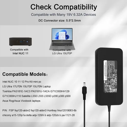 Miniatura 4 de Cargador de 120 W 6.32 A compatible con Intel Nuc 10 11 12 13 14 Pro Kit Mini PC LG 17U70N 15U70P FSP120-ABBN2 A15-120P1A ADP-120RH B ADP-120ZB B