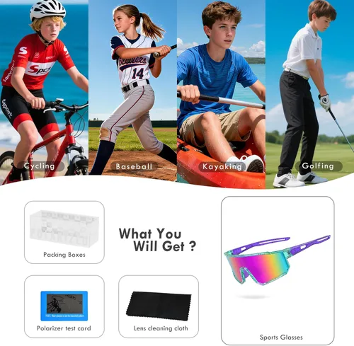 Miniatura 7 de Lentes de sol polarizados de béisbol para niños, TR90, marco ligero, para niños y niñas de 6 a 14 años, softbol y ciclismo Colorful Lens