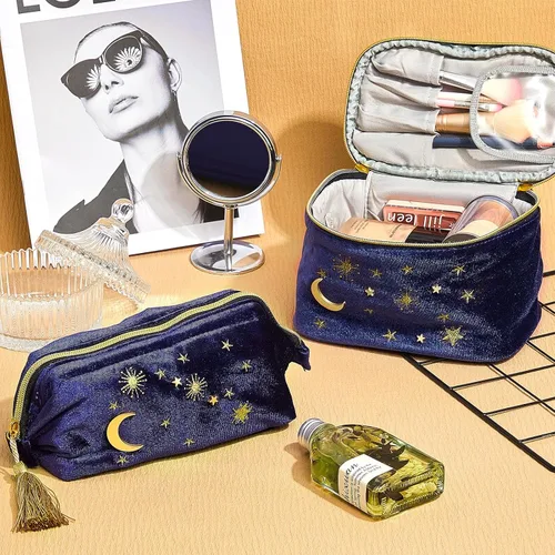 Miniatura 3 de Patelai 2 bolsas de maquillaje de terciopelo con estrellas y luna, bolsas de cosméticos góticas bordadas, bolsa de maquillaje portátil de viaje