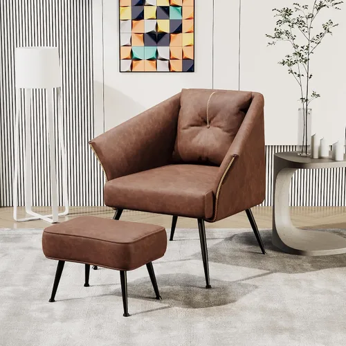 Miniatura 7 de Accent Chairs - Silla moderna cómoda de mediados de siglo, para sala de estar, dormitorio, lectura, silla de piel sintética, color marrón 1
