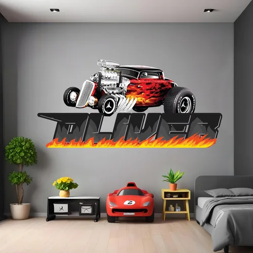 Miniatura 5 de Decoración de habitación de coches, calcomanía de pared con nombre de bandera de carreras, arte de pared personalizado para niños, bebés y niños