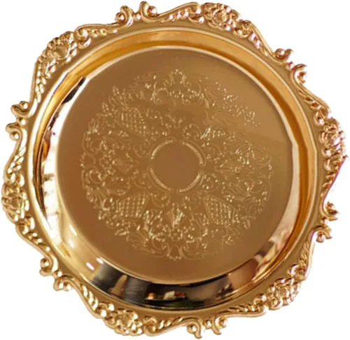 Miniatura 8 de TITA-DONG Plato redondo de fruta, bandeja de metal para servir alimentos, platos redondos vintage, bandeja de frutas, postre y pastel, disco Dorado