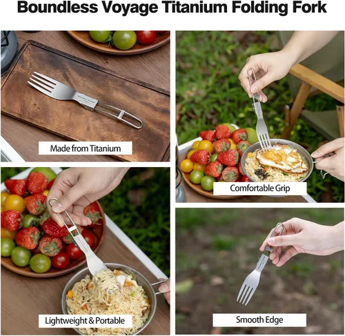 Miniatura 4 de iBasingo Cuchillo de tenedor de titanio con mango plegable, utensilios de vajilla ultraligeros para camping, picnic al aire libre, senderismo