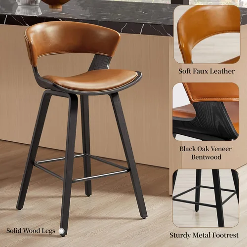 Miniatura 4 de Art Leon Juego de 4 taburetes de bar modernos de mediados de siglo con respaldo, taburetes tapizados de piel sintética con patas de madera maciza