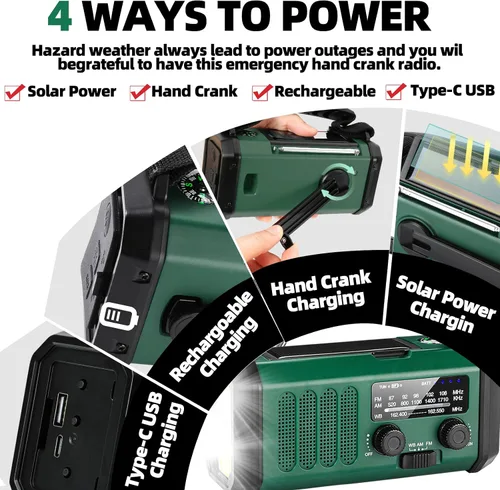 Miniatura 5 de QAUYYW Radio de emergencia con manivela, radio NOAA AM FM meteorológica portátil con manivela de 37000 mAh solar, con linterna de 3 modos y luz