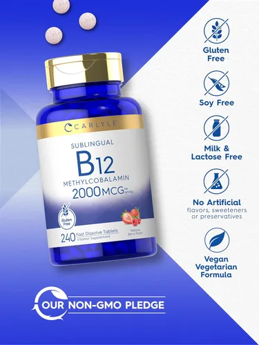 Miniatura 5 de Carlyle Vitamina B12 de 2000 mcg 240 tabletas de disolución rápida Metilcobalamina sublingual Sabor a bayas Suplemento vegetariano, sin OMG