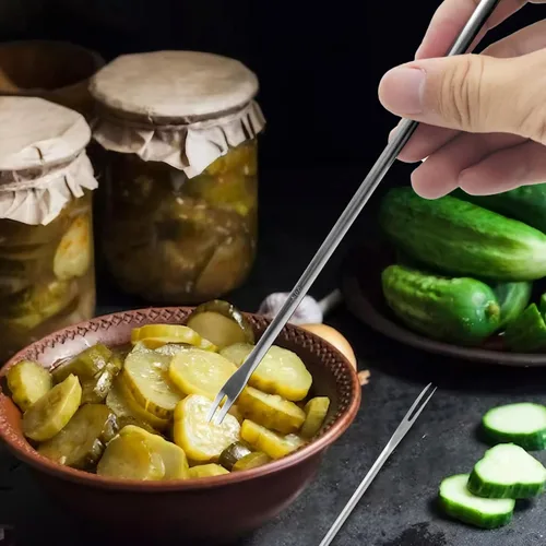 Miniatura 7 de Juego de 6 pinzas para servir de cocina con mango largo, tenedor para pepinillos, cuchara de aceituna con orificio de drenaje, colador de acero