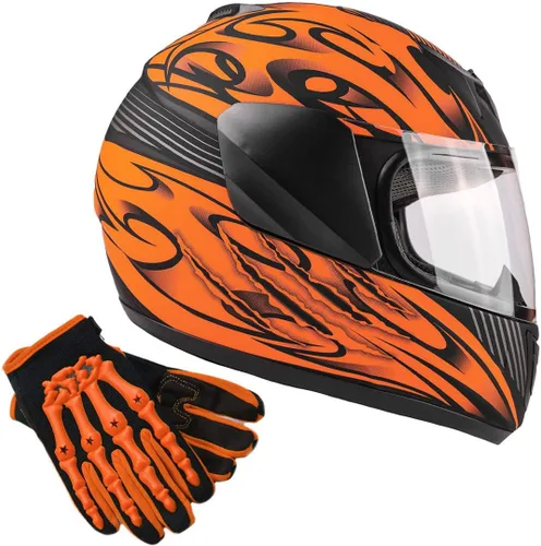 Typhoon - Casco de cara completa para niños y jóvenes con escudo y guantes, combo para motocicleta y moto de cross Naranja mate con guantes naranjas