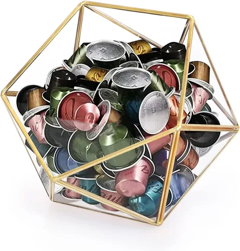 Miniatura 10 de ELLDOO Soporte para cápsulas de café de vidrio dorado, caja de vidrio de 14 caras de gran capacidad para tazas K y cápsulas Nespresso