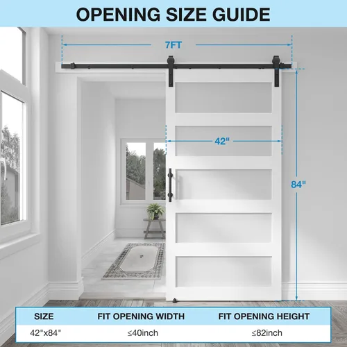 Miniatura 2 de Puerta corrediza de granero de vidrio de 5 paneles de 42 x 84 pulgadas con kit de herrajes de 7 pies incluido, fácil montaje con agujeros Blanco