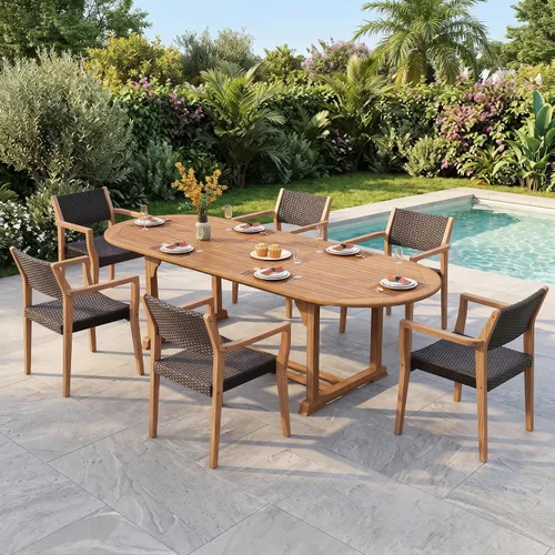 Miniatura 6 de PHI VILLA Juego de 2 sillas de madera de acacia para exteriores, sillones de comedor resistentes con respaldo y asiento de mimbre, muebles