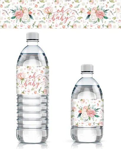 Baby in Bloom - Etiquetas para botellas de agua para baby shower, 20 calcomanías impermeables para baby shower de niña con diseño floral rosa
