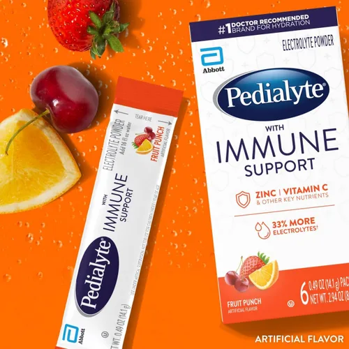 Miniatura 2 de Pedialyte con soporte inmunológico, bebida en polvo de electrolitos con vitamina C y zinc, hidratación avanzada, ponche de frutas, 24 sobres de polvo