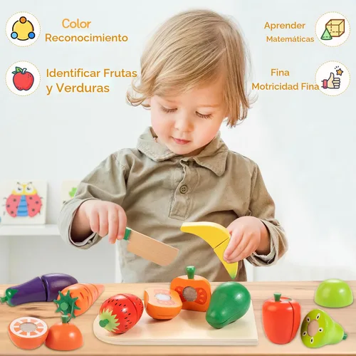 Miniatura 6 de Comida de juguete de madera para niños pequeños, juego de corte de frutas y verduras para niños, accesorios de cocina de juguete para niños y niñas