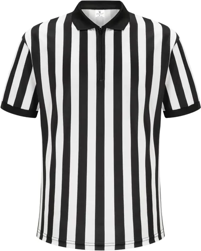 Referee Shirt for Men, Black Stripe Umpire Jersey, Zipper Basketball, Football, Soccer Ref Uniform