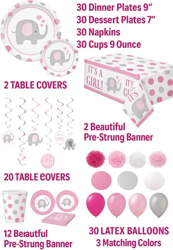 Miniatura 2 de Kit de suministros de fiesta de baby shower de elefante para 30 invitados: platos, vasos, servilletas, mantel de mesa, globos, linternas, remolinos