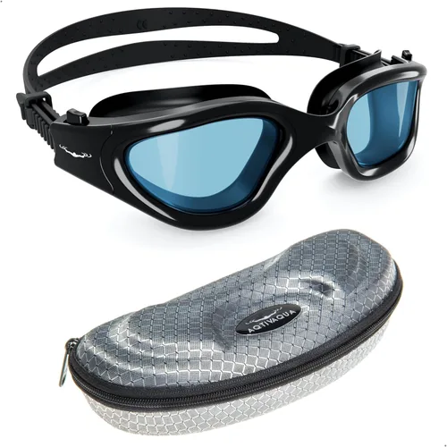 Miniatura 2 de AqtivAqua DX - Gafas de natación con visión amplia para adultos, hombres y mujeres, antiempañamiento y sin fugas Gafas negras + funda plateada