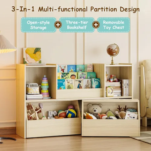 Miniatura 4 de EXPERLAM Estantería de madera maciza para niños y organizador de almacenamiento de juguetes, estantería Montessori 3 en 1 con cubos
