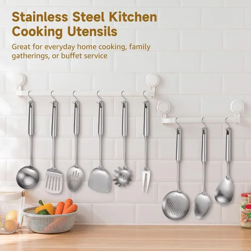 Miniatura 2 de 9 utensilios de cocina de acero inoxidable, utensilios de cocina con mango largo y agujero para colgar, desnatador, cucharón, espátula, cuchara