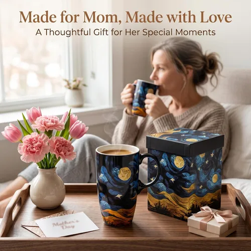 Miniatura 10 de Taza de cerámica Topadorn con taza de café de porcelana de 17 onzas. Taza de café y té con tapa, perfecta para café y té, caja de regalo incluida