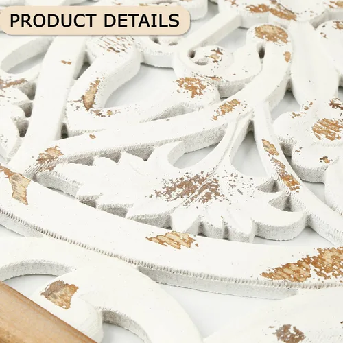 Miniatura 4 de XIAOAIKA Arte de Pared Tallado Boho, Paneles Blancos Envejecidos Antiguos de 31.5 Pulgadas, Escultura Decorativa Tallada a Mano para Sala de Estar