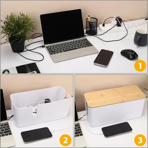 Miniatura 3 de ZhiYo Caja organizadora de cables con tapa de bambú, paquete de 2 cajas grandes para organizar cables, organizador de cables ABS seguro para TV