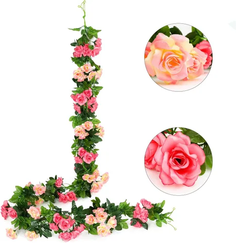 Miniatura 10 de JUSTOYOU Paquete de 2 guirnaldas de rosas falsas (15.8 pies), rosas artificiales, enredaderas, guirnalda de flores para colgar, vid floral, boda