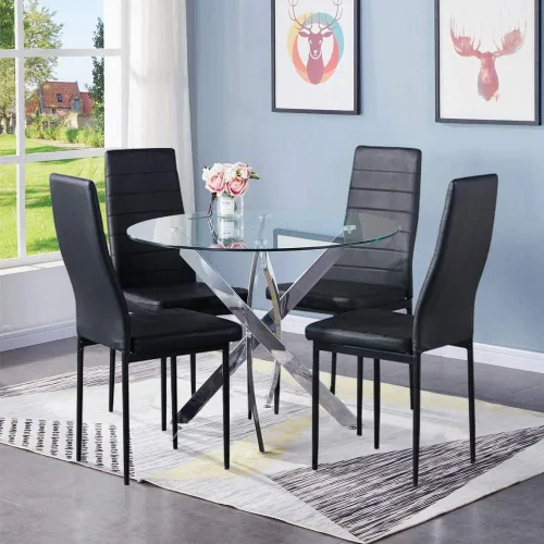 Miniatura 19 de Juego de mesa de comedor redonda de vidrio templado para 4, juego de mesa de cocina moderna de 5 piezas con 4 sillas tapizadas para cocina y comedor