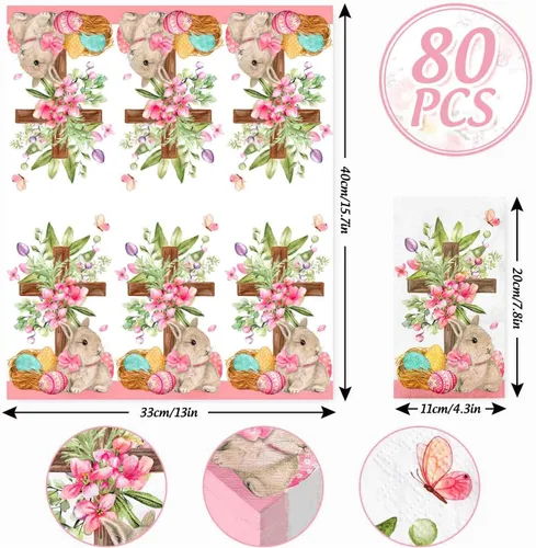 Miniatura 2 de Whaline 80 hojas de servilletas de papel desechables de Pascua con diseño floral de huevo de conejo, flores, cena, servilletas de mano