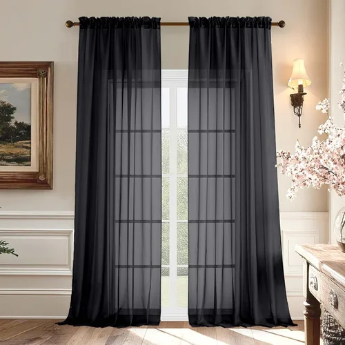 Miniatura 24 de Aiyufeng 2 paneles de cenefa transparente negra de 14 pulgadas de largo, cortinas cortas negras transparentes para dormitorio, cortinas de cocina