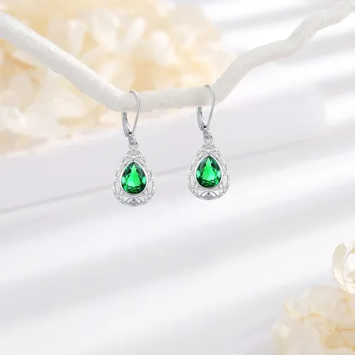 Miniatura 126 de Aretes colgantes de plata de ley con diseño de árbol de la vida, flor, abeja, animales, gato, colibrí, piedra lunar, turquesa, aretes con cierre