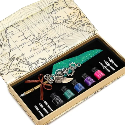 Miniatura 12 de NC Juego de tinta de plumas, incluye 5 botellas de tinta y 6 puntas reemplazables, bolígrafo mecánico para escribir, letras, diario, firma, Azul