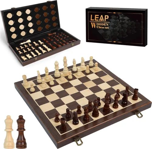 LEAP Juegos de ajedrez y damas de madera, tablero de ajedrez artificial de ébano y arce de 15 pulgadas con 2 reinas adicionales, juego de tablero de