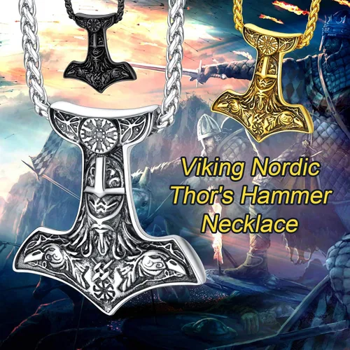 Miniatura 2 de FaithHeart Collar con colgante de runas vikingas nórdicas, martillo de Thor, brújula nórdica, Odín, cuervo, para hombres y mujeres, con embalaje