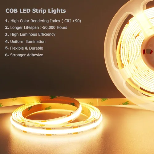 Miniatura 2 de YUNBO Tira de luz LED COB de 12 V 3000 K blanco cálido 16.4 pies de alta densidad 480LED/M CRI>90 Uniforme sin puntos autoadhesivo cortable flexible