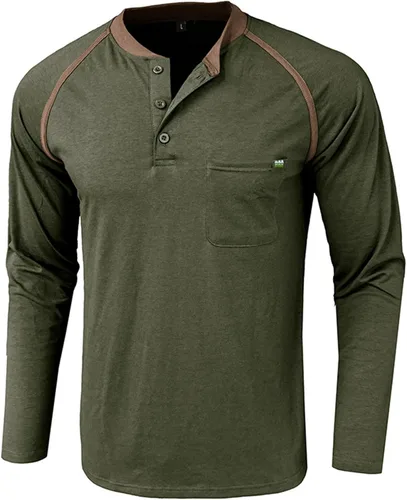 Miniatura 2 de Camisas de manga larga Henley para hombre, con botones clásicos, vintage, con bolsillo en el pecho