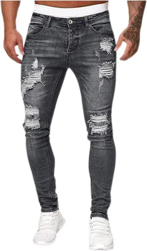 PETCDIM Jeggings elásticos destruidos para hombre, ajustados, rasgados, diseño de moda, ropa de calle, pantalones de mezclilla rectos desgastados