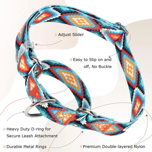 Miniatura 4 de Collar Martingale para perros ajustable de servicio pesado, collares de entrenamiento con patrón azul africano tribal mexicano nativo bohemio