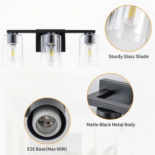 Miniatura 4 de WILON Lámpara de tocador de baño, 3 luces de tocador modernas de color negro claro con apliques de pared de vidrio transparente con vidrio