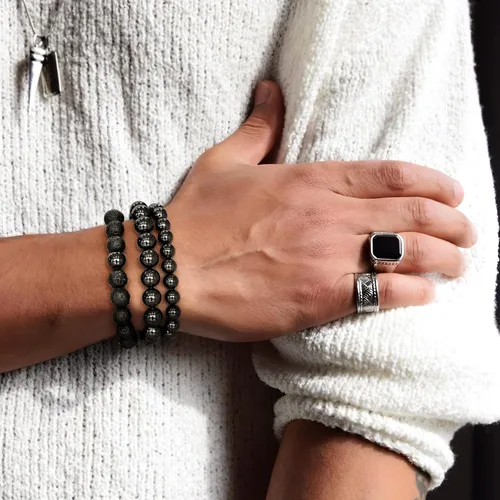 Miniatura 4 de HOBT Pulsera para hombre, pulsera elástica de ojo de tigre, pulsera de roca de lava negra, joyería para hombre, pulseras de cuentas de piedra