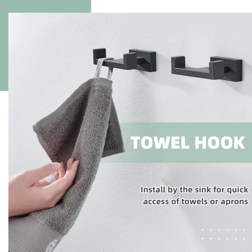 Miniatura 5 de APLusee Paquete de 2 ganchos dobles para toallas de baño, soporte cuadrado de acero inoxidable 304, soporte doble para abrigo, moderno para baño